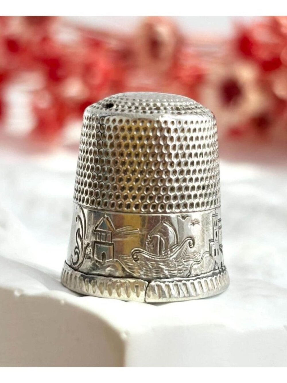 Old Simons Brothers Landscape Carved Textured 925 Rare Fancy Vintage Thimble
